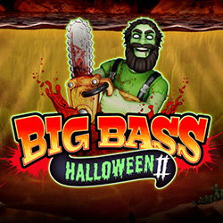 A cartoon-style logo featuring a green zombie fisherman character wielding a chainsaw against a red and yellow gradient background. The text "BIG BASS" appears in bold red letters with "HALLOWEEN II" below