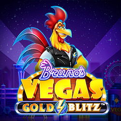 A vibrant slot game icon featuring a charismatic rooster character wearing a black leather jacket against a neon-lit Las Vegas-style background with purple hues