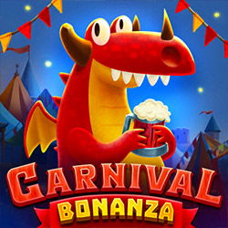 A cheerful red dragon character holding a frothy beverage mug, set against a nighttime carnival scene with colorful bunting flags. The text "CARNIVAL BONANZA" appears in playful, carnival-style lettering