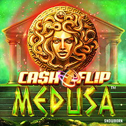 A golden Medusa head with ornate, serpentine hair centered between Greek columns with a green ethereal glow. The text "CASH FLIP MEDUSA" appears in metallic gold lettering