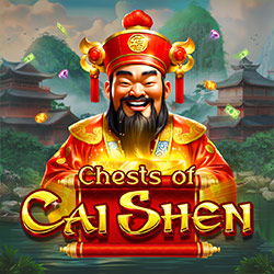 A smiling Chinese prosperity god figure wearing traditional red and gold robes and headdress, set against a peaceful Asian landscape with pagodas and floating lanterns. The text "Ghosts of CAI SHEN" appears in ornate golden lettering