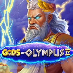 A majestic slot game icon featuring a powerful representation of a Greek god with white hair and beard, wielding lightning, set against a stormy background with electric blue lightning strikes