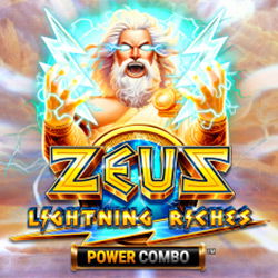 A dramatic slot game icon showcasing Zeus, the Greek god, with glowing eyes and flowing white beard, surrounded by electric blue lightning bolts against a golden-orange sky